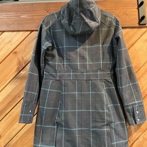 Outdoor Research Hooded Jacket. Plaid Grey & Lt.Blu Hangs below hips. Sz. Medium